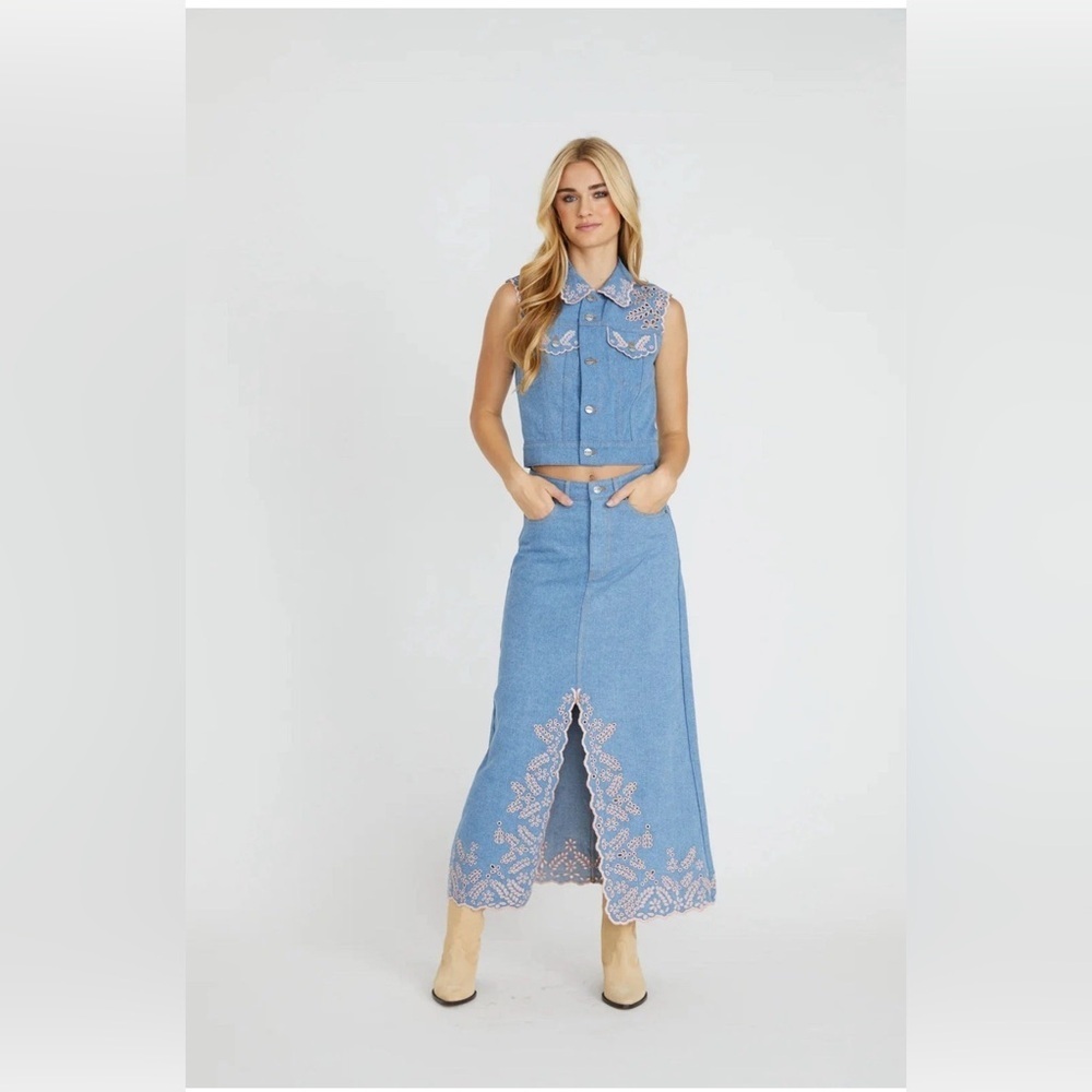 Driftwood Serena Embroidered Denim Maxi Skirt - Pink Promise - Picture 5 of 5